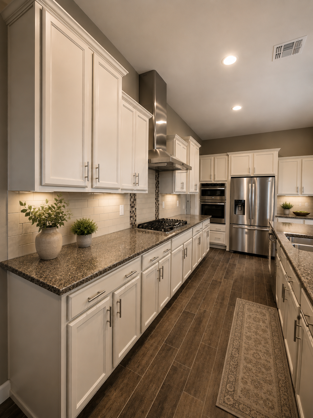 Close view of refinished kitchen cabinets and countertops