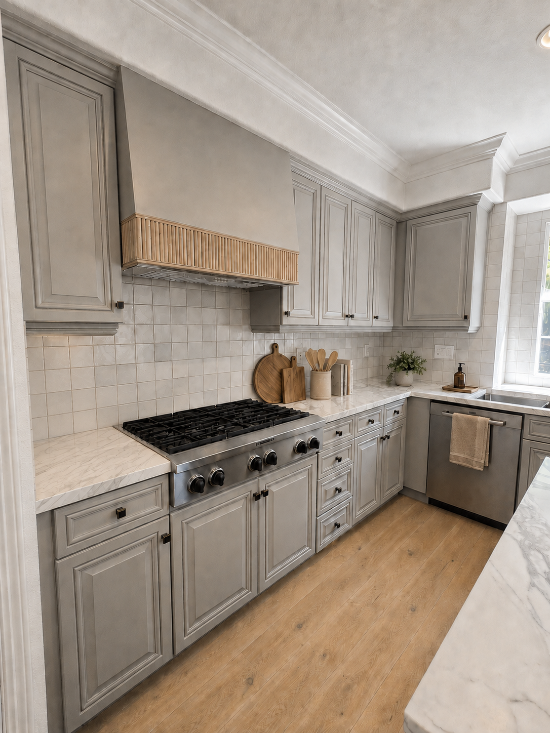 Detailed professionally refinished cabinetry around a custom range hood
